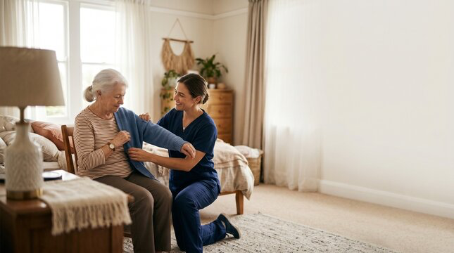 A Health Hive caregiver gently helping an older woman with her cardigan in a sunlit living room